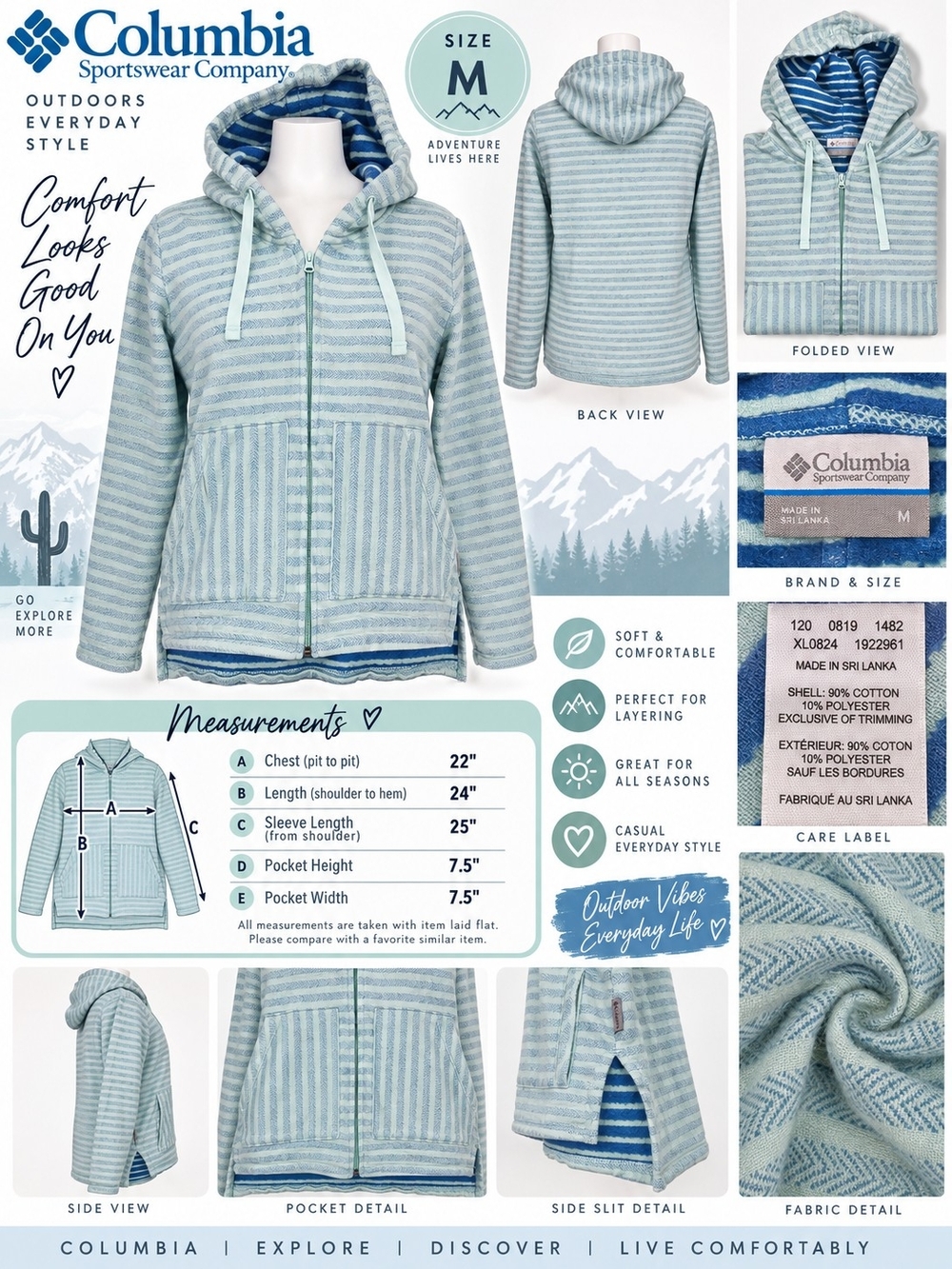 Columbia Women's Light Blue Striped Hooded Zip Jacket SIZE MED